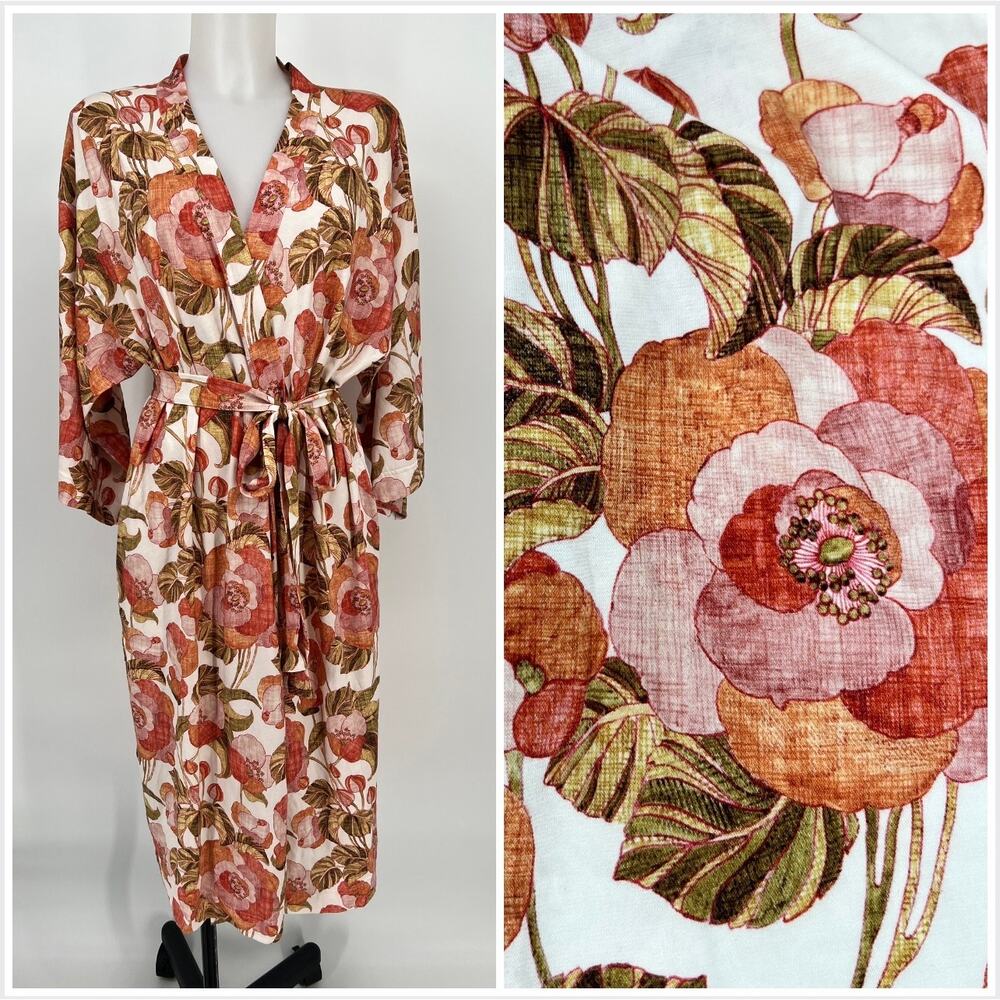 Garnet Hill Floral Satin Robe in Coral, Olive & Cream - Picture 11 of 11